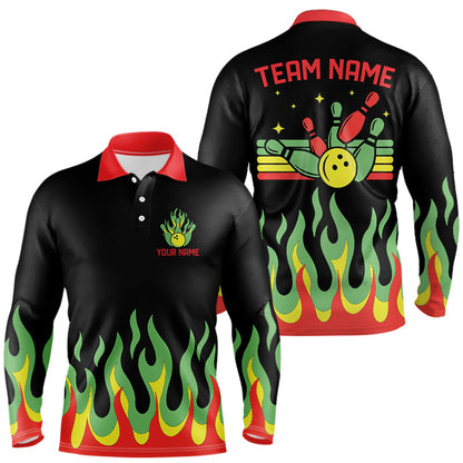 Black, Green and Red Flame Retro Bowling Polo, Quarter Zip Shirt for Men Custom Bowling Team Jerseys NQS9426
