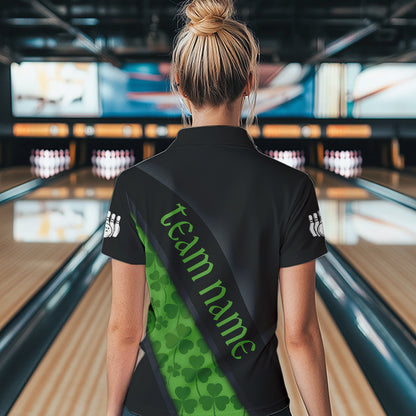 Black & Green Shamrock St Patrick Day Bowling Polo, 1/4 Zip Shirt for Women Custom Bowling Team Jersey NQS9434