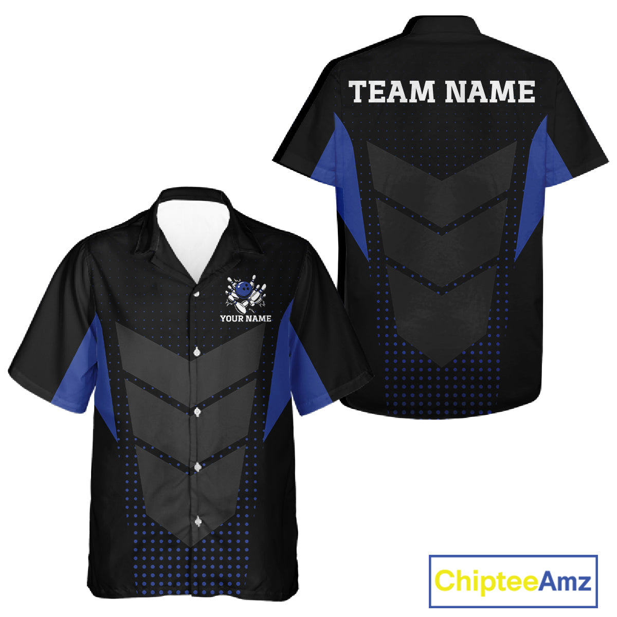 Navy blue and Black Bowling Hawaiian Shirt Custom Team bowling button up jerseys NQS11532