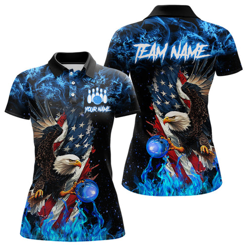 Blue Flame American Flag Eagle bowling shirts for Women Custom Bowling Team Jersey, gift for Bowler NQS9606