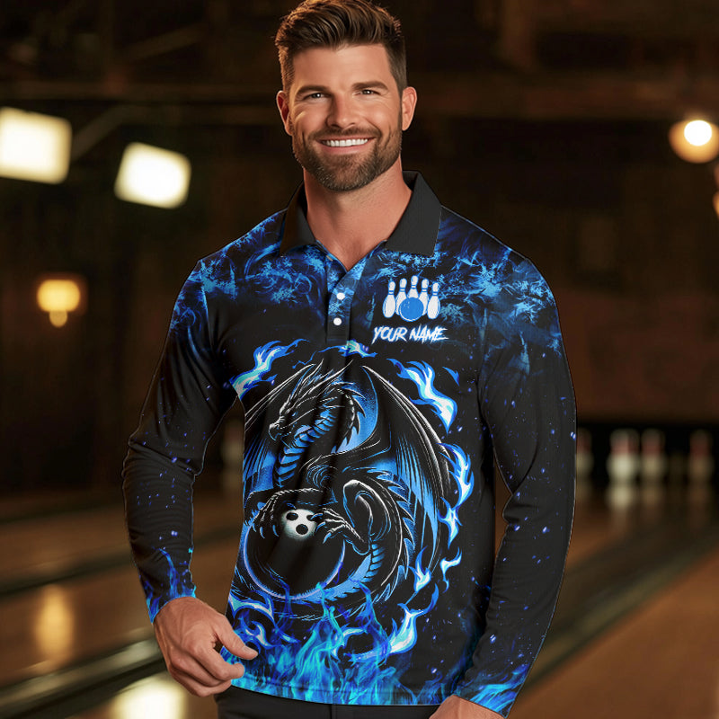 Black and Blue Flame Dragon bowling shirts for Men Custom Bowling Team Jersey, gift for Bowler NQS9607