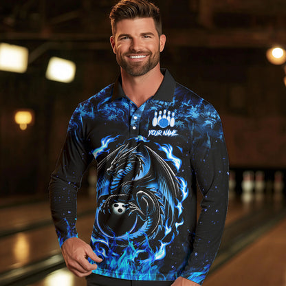 Black and Blue Flame Dragon bowling shirts for Men Custom Bowling Team Jersey, gift for Bowler NQS9607