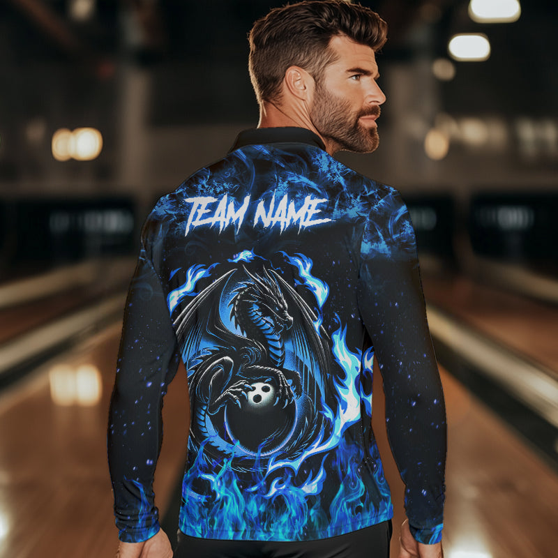 Black and Blue Flame Dragon bowling shirts for Men Custom Bowling Team Jersey, gift for Bowler NQS9607