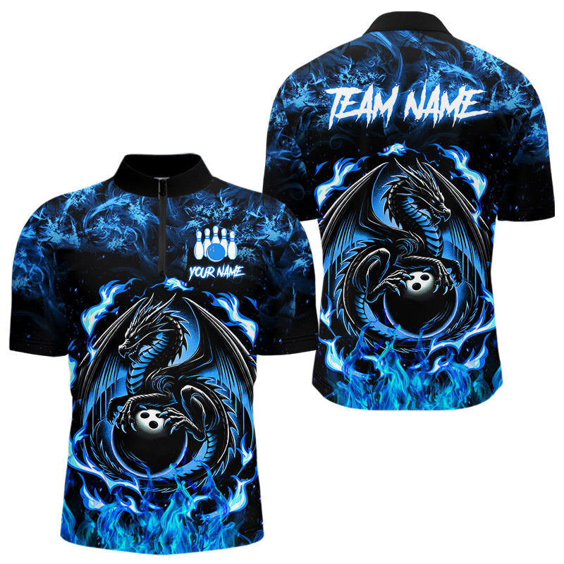 Black and Blue Flame Dragon bowling shirts for Men Custom Bowling Team Jersey, gift for Bowler NQS9607