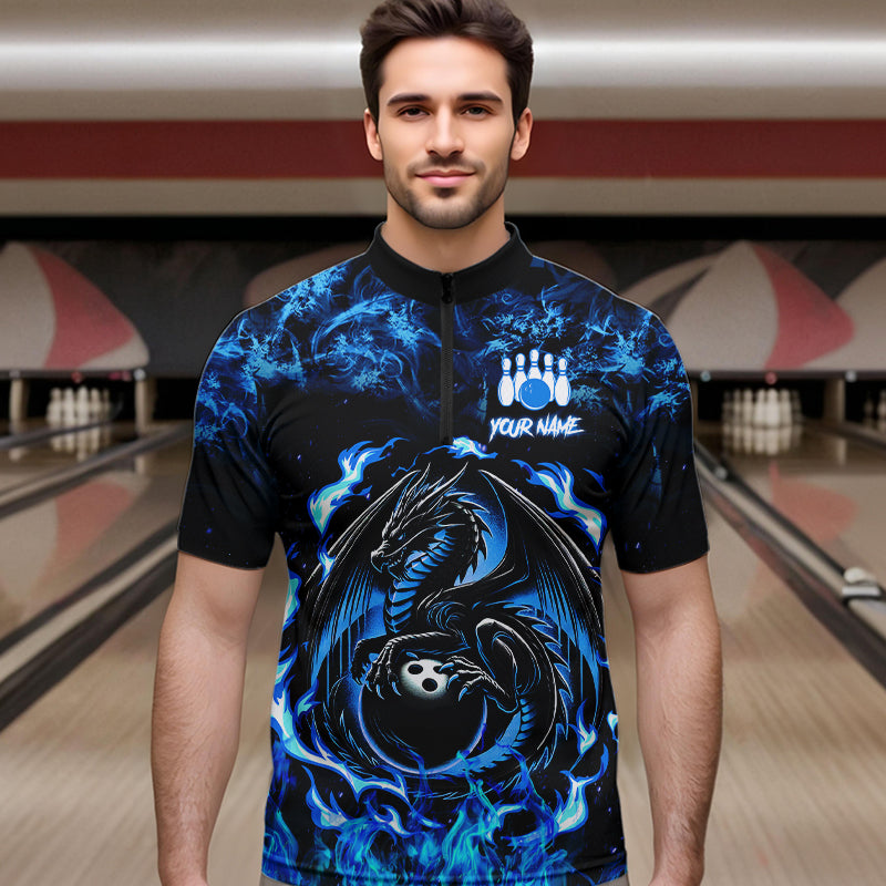 Black and Blue Flame Dragon bowling shirts for Men Custom Bowling Team Jersey, gift for Bowler NQS9607