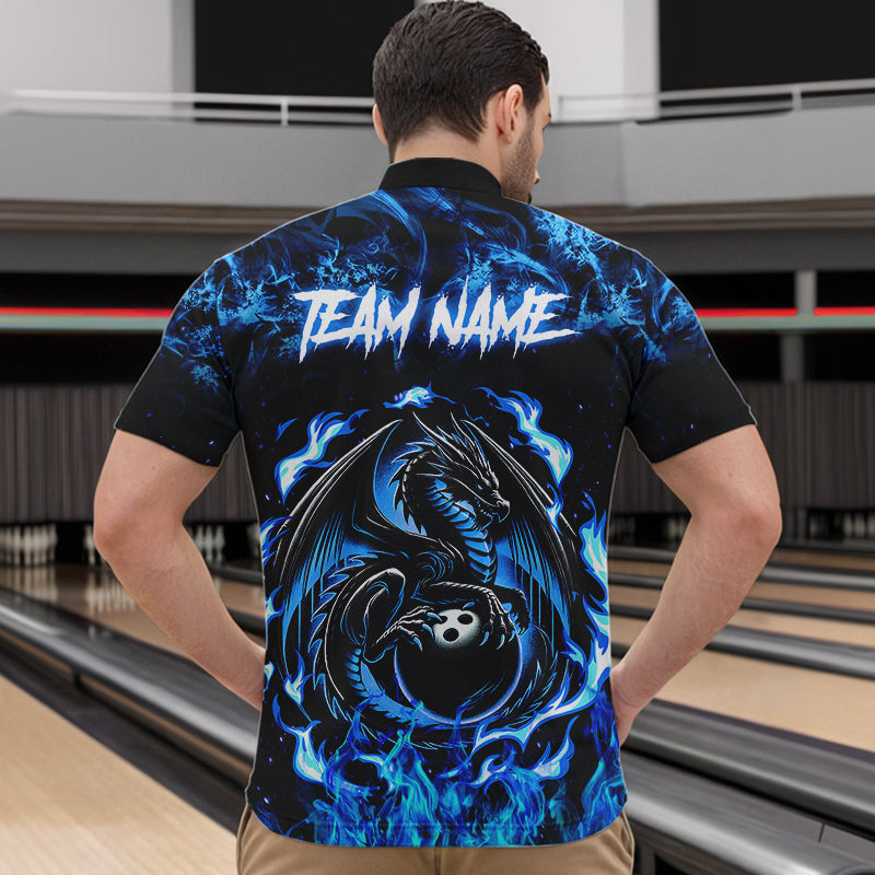 Black and Blue Flame Dragon bowling shirts for Men Custom Bowling Team Jersey, gift for Bowler NQS9607