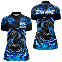 Load image into Gallery viewer, Black and Blue Flame Dragon bowling shirts for Women Custom Bowling Team Jersey, gift for Bowler NQS9607