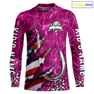American flag fish hook pink camo fishing custom sun protection performance long sleeve fishing shirt NQS10011
