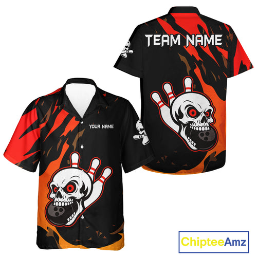 Black and Red Skull Bowling Hawaiian Shirts Custom Team bowling button up shirt, gift for bowlers NQS10014