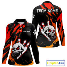 Load image into Gallery viewer, Black and Red Skull Bowling Shirts for Women Custom Team bowling jersey, gift for bowlers NQS10014