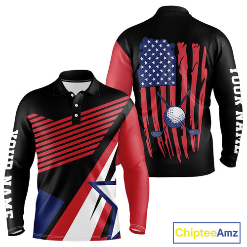 American Flag Golf polo shirts For Mens custom patriotic golf top for men, golfing gifts | Black NQS10016