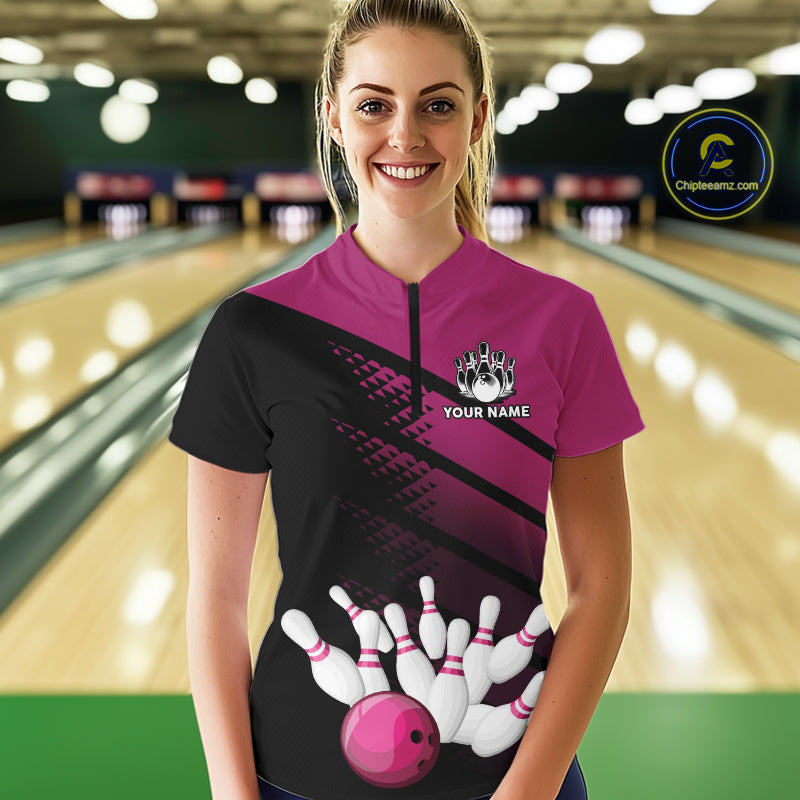Black and Pink Bowling Polo, Quarter Zip shirts for Women Custom name bowling team league jerseys NQS10177