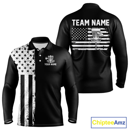 Black and White American Flag Mens Disc golf polo shirts Custom patriotic team disc golf jerseys NQS10017