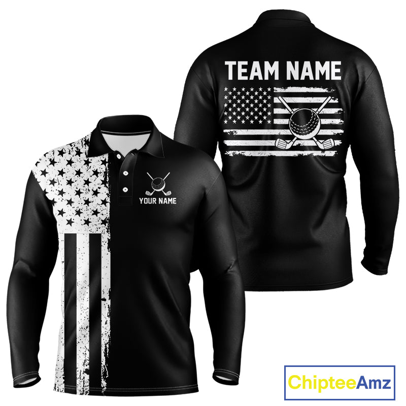 Black and White American Flag Mens golf polo shirts Custom name patriotic team golf uniform NQS10018