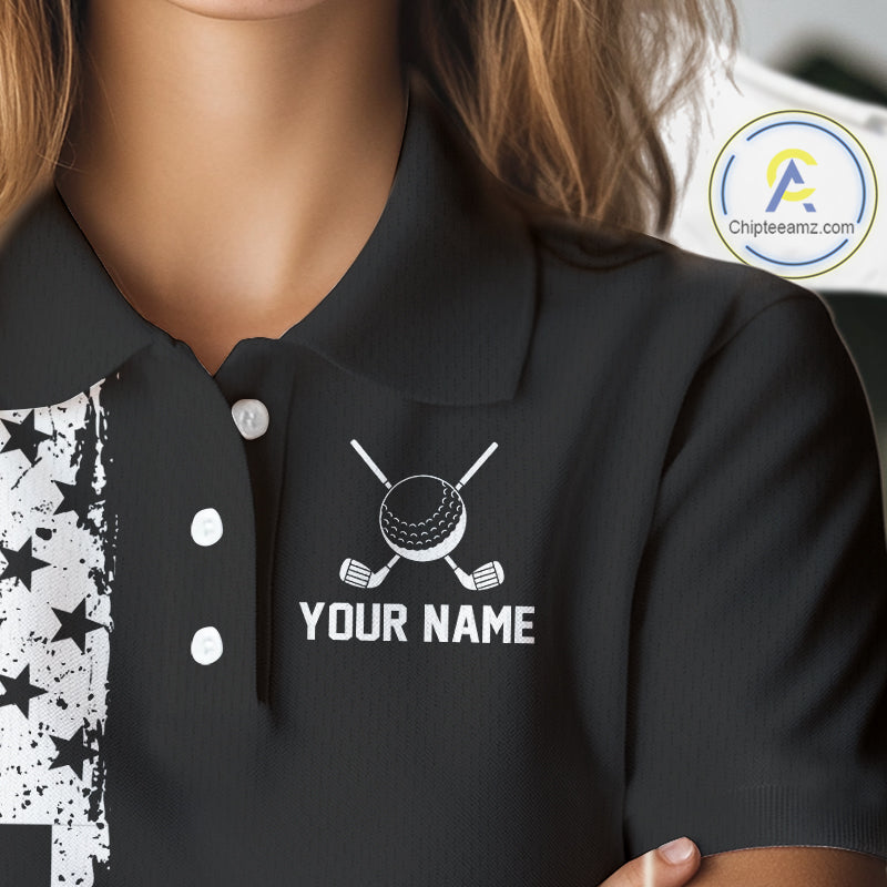 Black and White American Flag Women golf polo shirts Custom name patriotic team golf uniform NQS10018