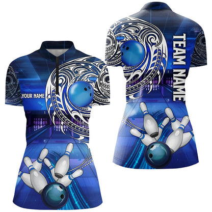 Personalized Blue tribal pattern custom bowling Polo, 1/4 zip shirts for Women, cool bowling jerseys NQS8339