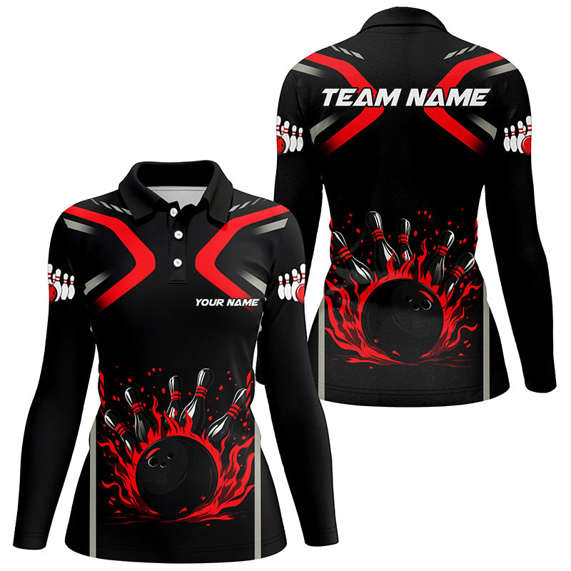 Personalized Red & Black Flame Bowling ball pins custom bowling shirts for Women, cool bowling jerseys NQS8341