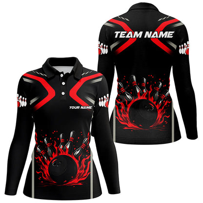 Personalized Red & Black Flame Bowling ball pins custom bowling shirts for Women, cool bowling jerseys NQS8341