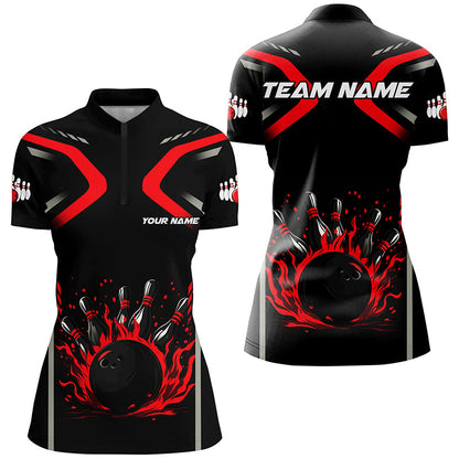 Personalized Red & Black Flame Bowling ball pins custom bowling shirts for Women, cool bowling jerseys NQS8341