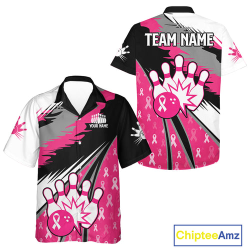 Bowling Hawaiian Shirt Custom pink ribbon pattern Bowling Team Jersey, Breast cancer shirt for Bowler NQS10515
