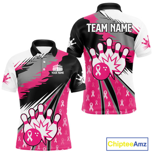 Mens bowling shirts Custom pink ribbons pattern Bowling Team Jersey, Breast cancer shirt for Bowler NQS10515