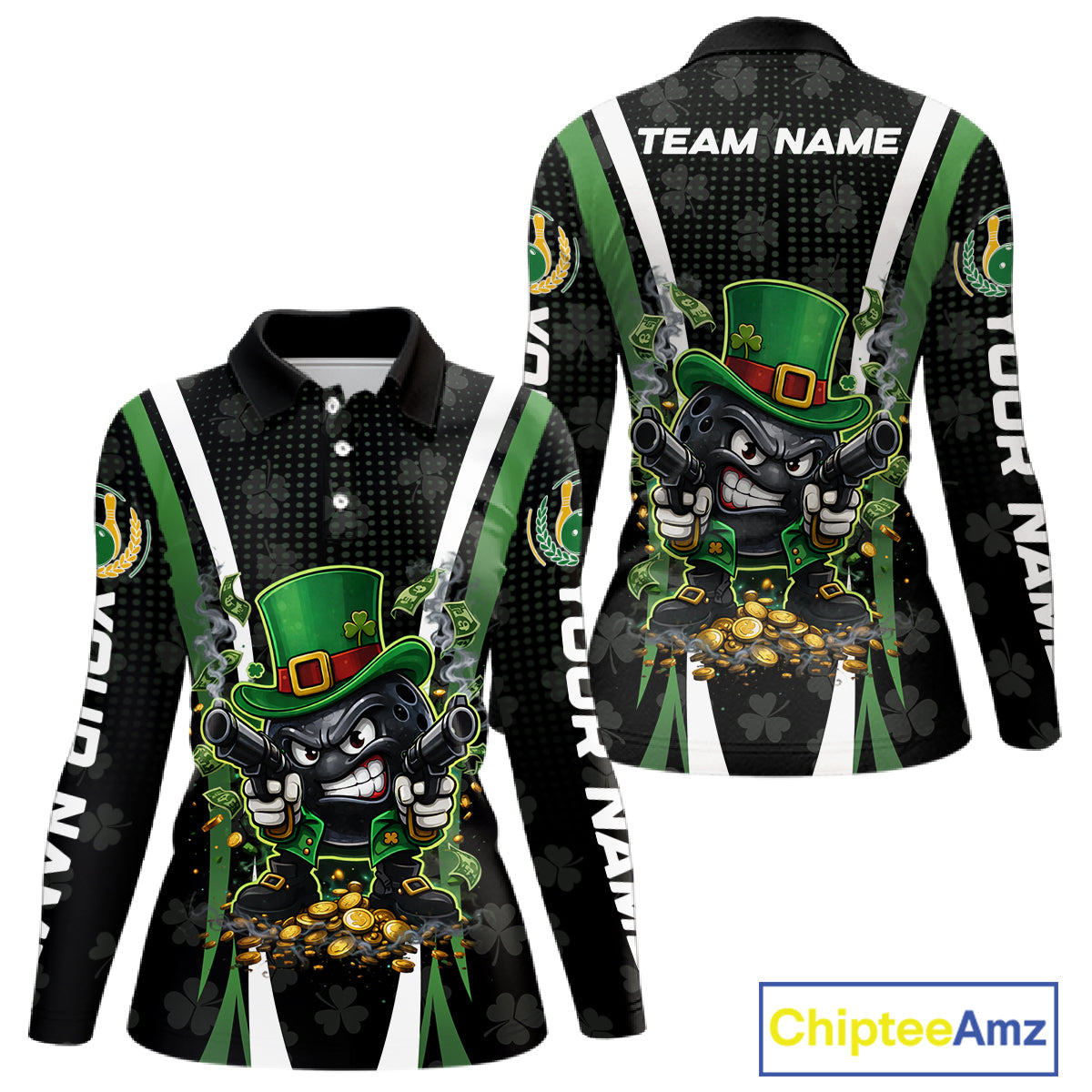 Funny St Patrick cowboy gunner Bowling Polo, 1/4 zip shirts For Women Custom Team Bowling Jerseys NQS11543