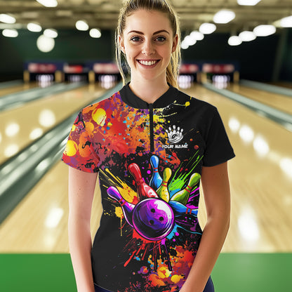 Colorful bowling jerseys Bowling Polo, 1/4 Zip Shirt for Women Custom Bowling Team shirts for bowlers NQS9770