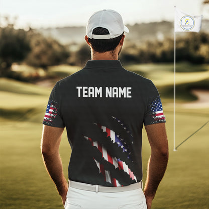 Personalized American Flag Men golf polo shirts, Custom Patriotic Golf Team Shirts For men | Black NQS10178