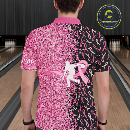 Pink glitter ribbon black Bowling Shirts For Men Custom Breast cancer bowling shirts gift for bowlers NQS10180