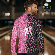 Load image into Gallery viewer, Pink glitter ribbon black Bowling Shirts For Men Custom Breast cancer bowling shirts gift for bowlers NQS10180
