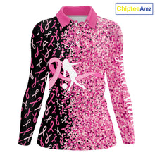 Load image into Gallery viewer, Pink glitter ribbon black Bowling Shirts For Women Custom Breast cancer bowling shirt gift for bowler NQS10180