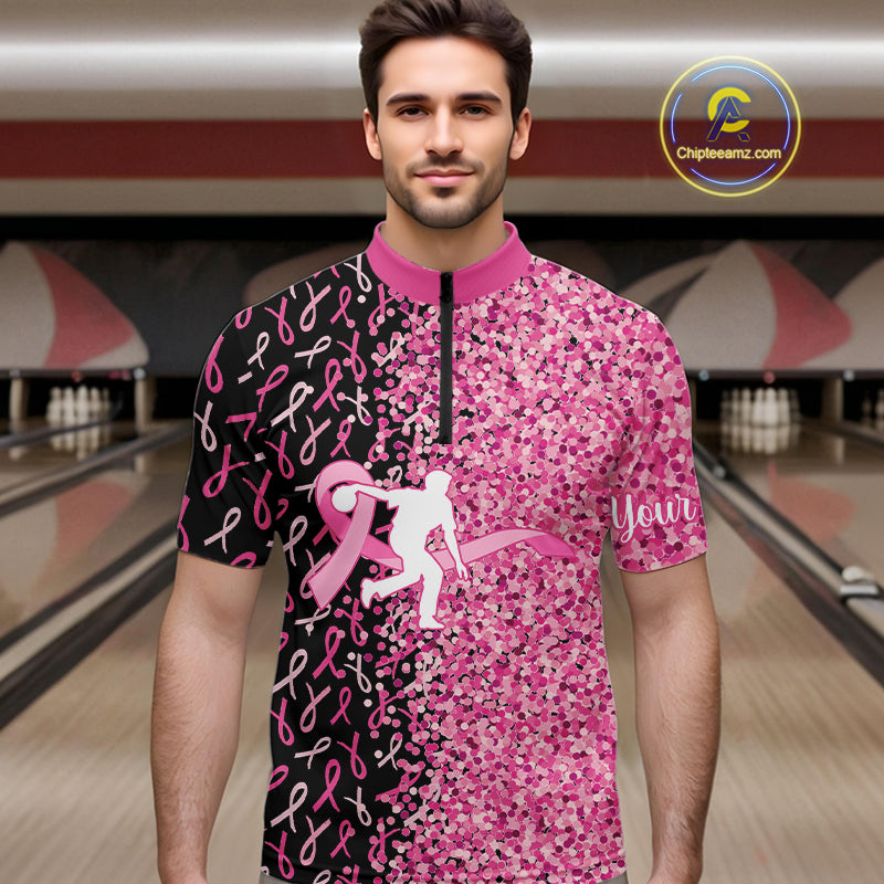 Pink glitter ribbon black Bowling Shirts For Men Custom Breast cancer bowling shirts gift for bowlers NQS10180