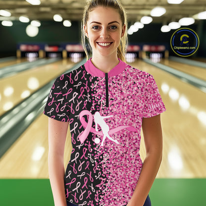Pink glitter ribbon black Bowling Shirts For Women Custom Breast cancer bowling shirt gift for bowler NQS10180