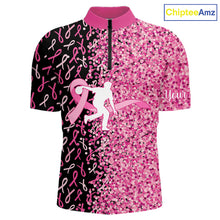 Load image into Gallery viewer, Pink glitter ribbon black Bowling Shirts For Men Custom Breast cancer bowling shirts gift for bowlers NQS10180