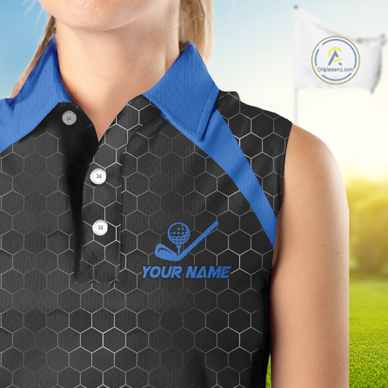 Women sleeveless polo shirt custom black and blue hexagon pattern golf outfits ladies, cool golf gift NQS10317