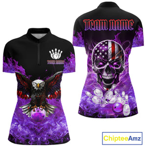 Purple Flame Smoke American Flag Eagle Skull Women Bowling Shirt Custom Patriotic Bowling Team Jersey NQS10525