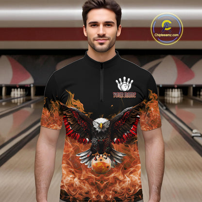 Orange Flame Smoke American Flag Eagle Skull Mens Bowling Shirts Custom Patriotic Bowling Team Jersey NQS10526