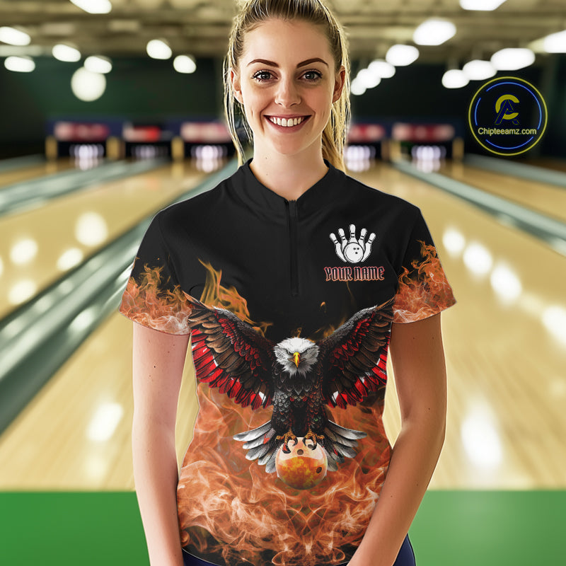 Orange Flame Smoke American Flag Eagle Skull Women Bowling Shirt Custom Patriotic Bowling Team Jersey NQS10526