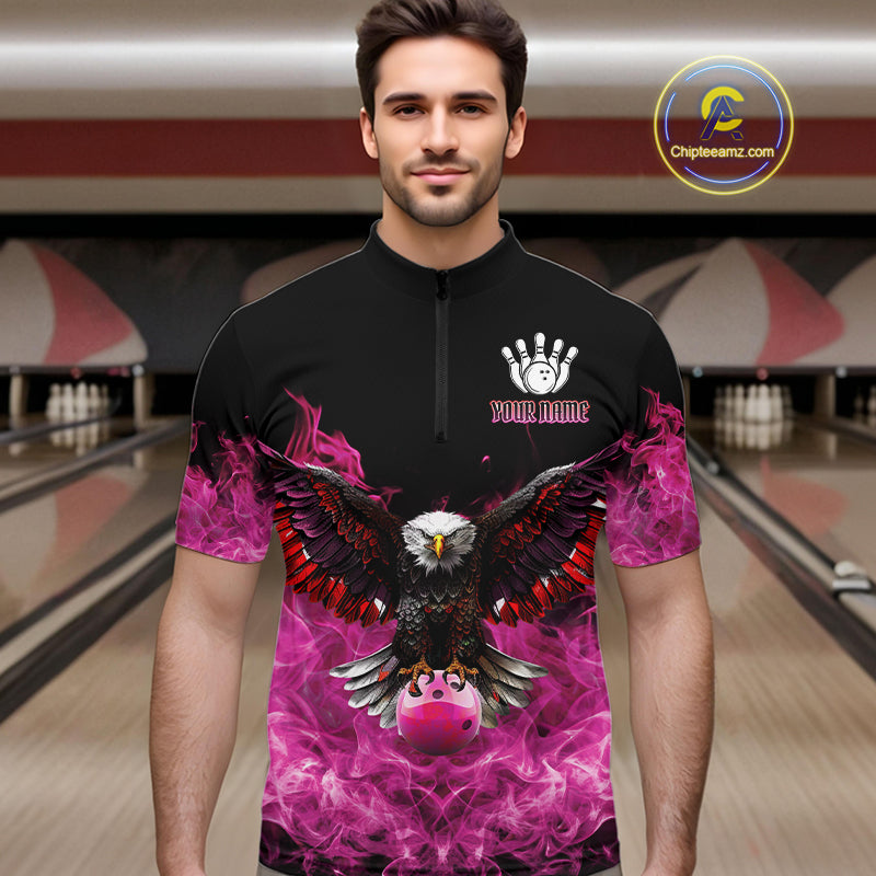 Pink Flame Smoke American Flag Eagle Skull Mens Bowling Shirts Custom Patriotic Bowling Team Jersey NQS10527
