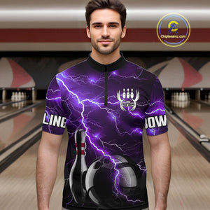 Purple Lightning Thunder Black Bowling Polo, 1/4 zip Shirt for Men custom storm bowling team jerseys NQS10528
