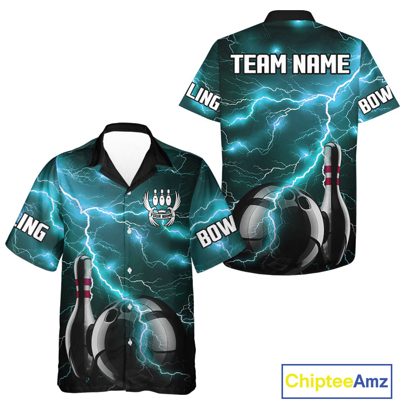 Cyan Blue Lightning Thunder Black Bowling Hawaiian shirts custom bowling team button up shirt NQS10529
