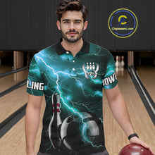 Load image into Gallery viewer, Cyan Blue Lightning Thunder Black Bowling Polo, 1/4 zip Shirt for Men custom bowling team jerseys NQS10529