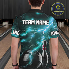 Load image into Gallery viewer, Cyan Blue Lightning Thunder Black Bowling Polo, 1/4 zip Shirt for Men custom bowling team jerseys NQS10529