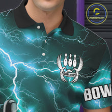 Load image into Gallery viewer, Cyan Blue Lightning Thunder Black Bowling Polo, 1/4 zip Shirt for Men custom bowling team jerseys NQS10529