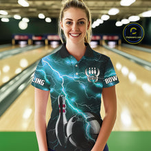 Load image into Gallery viewer, Cyan Blue Lightning Thunder Black Bowling Polo, 1/4 zip Shirt for Women custom bowling team jersey NQS10529
