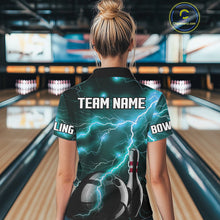 Load image into Gallery viewer, Cyan Blue Lightning Thunder Black Bowling Polo, 1/4 zip Shirt for Women custom bowling team jersey NQS10529