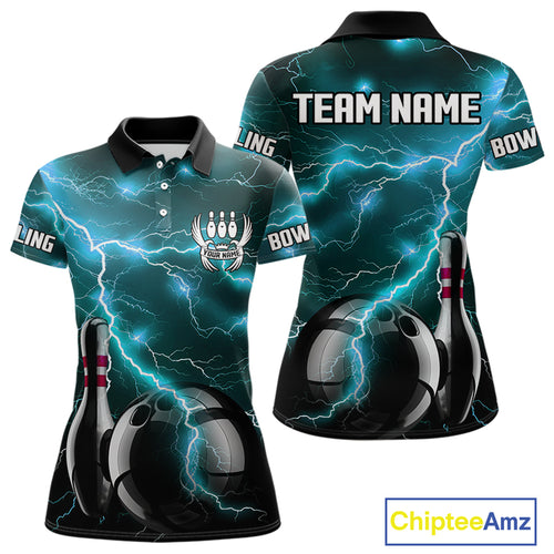 Cyan Blue Lightning Thunder Black Bowling Polo, 1/4 zip Shirt for Women custom bowling team jersey NQS10529