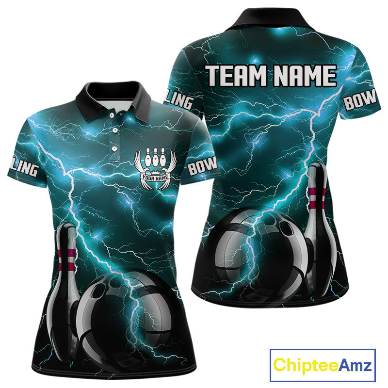 Cyan Blue Lightning Thunder Black Bowling Polo, 1/4 zip Shirt for Women custom bowling team jersey NQS10529