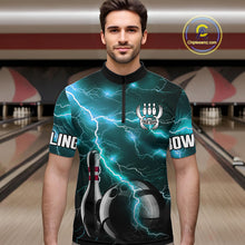 Load image into Gallery viewer, Cyan Blue Lightning Thunder Black Bowling Polo, 1/4 zip Shirt for Men custom bowling team jerseys NQS10529