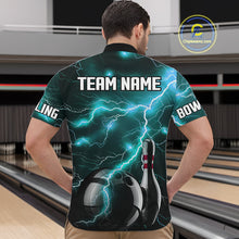 Load image into Gallery viewer, Cyan Blue Lightning Thunder Black Bowling Polo, 1/4 zip Shirt for Men custom bowling team jerseys NQS10529